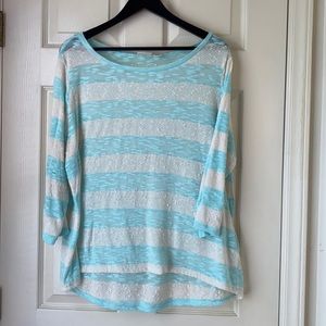 3/4 Sleeve Teal/White Striped Light Weight Sweater